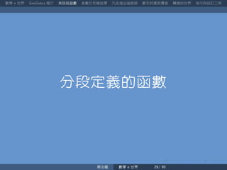 數學 世界 簡介 來玩玩函數 參數式和極座標 凡走過必留痕跡 數列其實很厲害 轉換的世界 指令與自訂工具
分段定義的函數
蔡炎龍 數學 世界
 