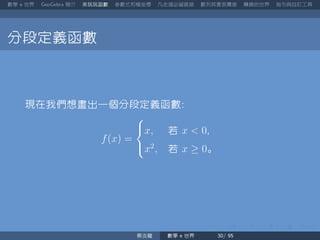 數學 世界 簡介 來玩玩函數 參數式和極座標 凡走過必留痕跡 數列其實很厲害 轉換的世界 指令與自訂工具
分段定義函數
現在我們想畫出一個分段定義函數
f(x) =
⎧
⎨
⎩
x, 若 x < 0
x2
, 若 x ≥ 0。
蔡炎龍 數學 世界
 