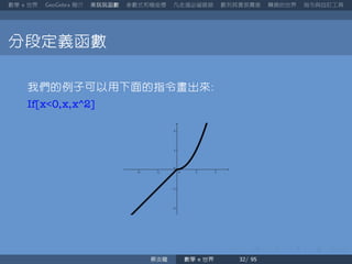 數學 世界 簡介 來玩玩函數 參數式和極座標 凡走過必留痕跡 數列其實很厲害 轉換的世界 指令與自訂工具
分段定義函數
我們的例子可以用下面的指令畫出來
If[x<0,x,x^2]
蔡炎龍 數學 世界
 