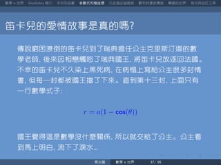 數學 世界 簡介 來玩玩函數 參數式和極座標 凡走過必留痕跡 數列其實很厲害 轉換的世界 指令與自訂工具
笛卡兒的愛情故事是真的嗎
傳說窮困潦倒的笛卡兒到了瑞典擔任公主克里斯汀娜的數
學老師 後來因相戀觸怒了瑞典國王 將笛卡兒放逐回法國。
不幸的笛卡兒不久染上黑死病 在病榻上寫給公主很多封情
書 但每一封都被國王擋了下來。直到第十三封 上面只有
一行數學式子
r = a(1 − cos(θ))
國王覺得這是數學沒什麼關係 所以就交給了公主。公主看
到馬上明白 流下了淚水
蔡炎龍 數學 世界
 