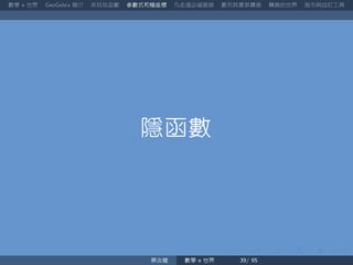 數學 世界 簡介 來玩玩函數 參數式和極座標 凡走過必留痕跡 數列其實很厲害 轉換的世界 指令與自訂工具
隱函數
蔡炎龍 數學 世界
 