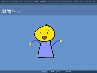 數學 世界 簡介 來玩玩函數 參數式和極座標 凡走過必留痕跡 數列其實很厲害 轉換的世界 指令與自訂工具
跳舞的人
蔡炎龍 數學 世界
 