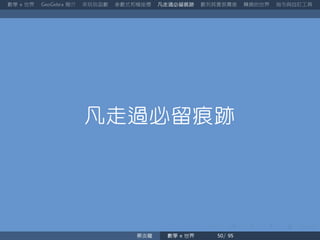 數學 世界 簡介 來玩玩函數 參數式和極座標 凡走過必留痕跡 數列其實很厲害 轉換的世界 指令與自訂工具
凡走過必留痕跡
蔡炎龍 數學 世界
 