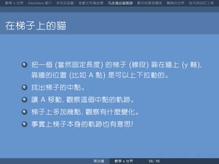 數學 世界 簡介 來玩玩函數 參數式和極座標 凡走過必留痕跡 數列其實很厲害 轉換的世界 指令與自訂工具
在梯子上的貓
把一個 當然固定長度 的梯子 線段 靠在牆上 軸
靠牆的位置 比如 點 是可以上下拉動的。
找出梯子的中點。
讓 移動 觀察這個中點的軌跡。
梯子上多加幾點 觀察有什麼變化。
事實上梯子本身的軌跡也有意思
蔡炎龍 數學 世界
 