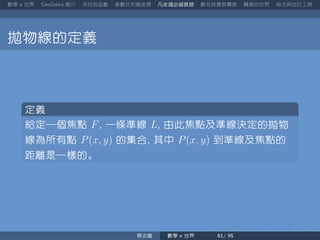 數學 世界 簡介 來玩玩函數 參數式和極座標 凡走過必留痕跡 數列其實很厲害 轉換的世界 指令與自訂工具
拋物線的定義
定義
給定一個焦點 F 一條準線 L 由此焦點及準線決定的拋物
線為所有點 P(x, y) 的集合 其中 P(x, y) 到準線及焦點的
距離是一樣的。
蔡炎龍 數學 世界
 