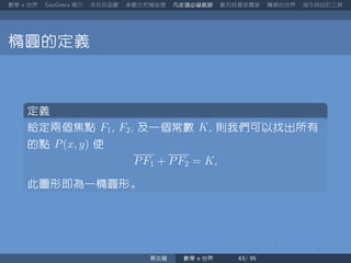數學 世界 簡介 來玩玩函數 參數式和極座標 凡走過必留痕跡 數列其實很厲害 轉換的世界 指令與自訂工具
橢圓的定義
定義
給定兩個焦點 F1 F2 及一個常數 K 則我們可以找出所有
的點 P(x, y) 使
PF1 + PF2 = K,
此圖形即為一橢圓形。
蔡炎龍 數學 世界
 