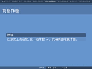 數學 世界 簡介 來玩玩函數 參數式和極座標 凡走過必留痕跡 數列其實很厲害 轉換的世界 指令與自訂工具
橢圓作圖
練習
任意點上兩個點 設一個常數 K。試用橢圓定義作圖。
蔡炎龍 數學 世界
 