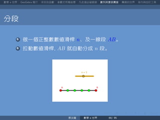 數學 世界 簡介 來玩玩函數 參數式和極座標 凡走過必留痕跡 數列其實很厲害 轉換的世界 指令與自訂工具
分段
做一個正整數數值滑桿 n、及一線段 AB。
拉動數值滑桿 AB 就自動分成 n 段。
蔡炎龍 數學 世界
 