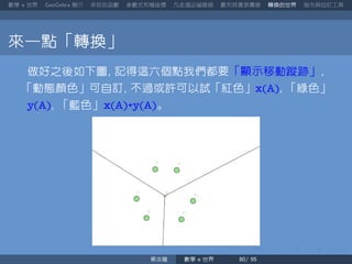 數學 世界 簡介 來玩玩函數 參數式和極座標 凡走過必留痕跡 數列其實很厲害 轉換的世界 指令與自訂工具
來一點「轉換」
做好之後如下圖 記得這六個點我們都要「顯示移動蹤跡」
「動態顏色」可自訂 不過或許可以試「紅色」x(A) 「綠色」
y(A) 「藍色」x(A)+y(A)。
蔡炎龍 數學 世界
 