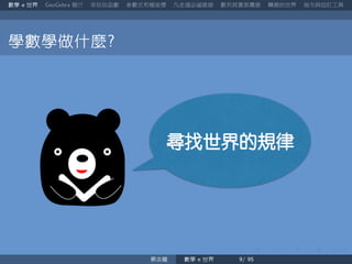 數學 世界 簡介 來玩玩函數 參數式和極座標 凡走過必留痕跡 數列其實很厲害 轉換的世界 指令與自訂工具
學數學做什麼
蔡炎龍 數學 世界
 