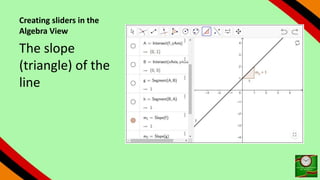 Creating sliders in the
Algebra View
The slope
(triangle) of the
line
 