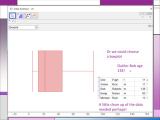 Or we could choose
a boxplot
A little clean up of the data
needed perhaps!
Outlier Bob age
138!
 