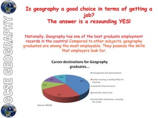 Nationally, Geography has one of the best graduate employment records in the country!  Compared to other subjects, geography graduates are among the most employable. They possess the skills that employers look for. Is geography a good choice in terms of getting a job? The answer is a resounding YES! 