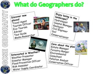 Care about the planet? Estate Manager Forestry Ranger Environmental Consultant Pollution Analyst Conservation Officer Discover new places! Travel Agent Tourism Officer Eco-Tourism Advisor Tour Guide Media Researcher Enjoy being in the landscape? Hydrologist Coastal Manager Geologist Civil Engineer Soil Conservationist Interested in Weather? Weather Presenter Disaster Manager Flood Prevention Officer Risk Assessor Water Supply Coordinator 