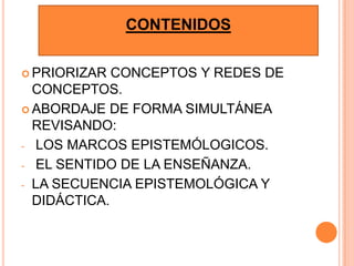 CONTENIDOS


 PRIORIZAR  CONCEPTOS Y REDES DE
  CONCEPTOS.
 ABORDAJE DE FORMA SIMULTÁNEA
  REVISANDO:
- LOS MARCOS EPISTEMÓLOGICOS.

- EL SENTIDO DE LA ENSEÑANZA.

- LA SECUENCIA EPISTEMOLÓGICA Y
  DIDÁCTICA.
 