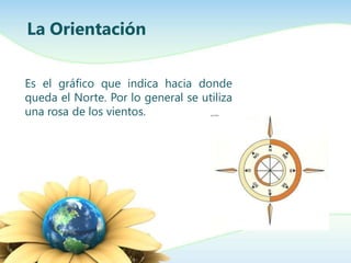 La Orientación
Es el gráfico que indica hacia donde
queda el Norte. Por lo general se utiliza
una rosa de los vientos.
 