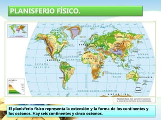 PLANISFERIO FÍSICO.
El planisferio físico representa la extensión y la forma de los continentes y
los océanos. Hay seis continentes y cinco océanos.
 