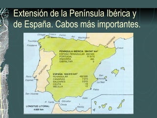 Extensión de la Península Ibérica y de España. Cabos más importantes. 