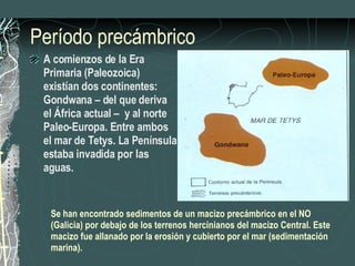 Período precámbrico A comienzos de la Era Primaria (Paleozoica) existían dos continentes:  Gondwana – del que deriva el África actual –  y al norte Paleo-Europa. Entre ambos el mar de Tetys. La Península estaba invadida por las aguas. Se han encontrado sedimentos de un macizo precámbrico en el NO (Galicia) por debajo de los terrenos hercinianos del macizo Central. Este macizo fue allanado por la erosión y cubierto por el mar (sedimentación marina).   