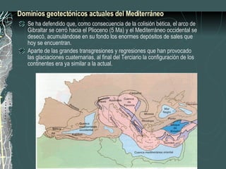 Dominios geotectónicos actuales del Mediterráneo Se ha defendido que, como consecuencia de la colisión bética, el arco de Gibraltar se cerró hacia el Plioceno (5 Ma) y el Mediterráneo occidental se desecó, acumulándose en su fondo los enormes depósitos de sales que hoy se encuentran. Aparte de las grandes transgresiones y regresiones que han provocado las glaciaciones cuaternarias, al final del Terciario la configuración de los continentes era ya similar a la actual.  
