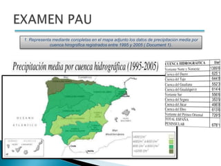 1. Representa mediante coropletas en el mapa adjunto los datos de precipitación media por
            cuenca hirográfica registrados entre 1995 y 2005 ( Document 1).
 