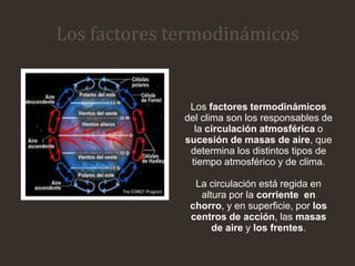 Los factores termodinámicos
Los factores termodinámicos
del clima son los responsables de
la circulación atmosférica o
sucesión de masas de aire, que
determina los distintos tipos de
tiempo atmosférico y de clima.
La circulación está regida en
altura por la corriente en
chorro, y en superficie, por los
centros de acción, las masas
de aire y los frentes.
 