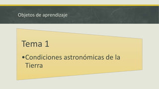 Objetos de aprendizaje
Tema 1
•Condiciones astronómicas de la
Tierra
 