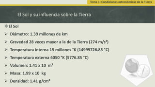 El Sol y su influencia sobre la Tierra
El Sol
 Diámetro: 1.39 millones de km
 Gravedad 28 veces mayor a la de la Tierra (274 m/s²)
 Temperatura interna 15 millones °K (14999726.85 °C)
 Temperatura externa 6050 °K (5776.85 °C)
 Volumen: 1.41 x 10 m³
 Masa: 1.99 x 10 kg
 Densidad: 1.41 g/cm³
Tema 1: Condiciones astronómicas de la Tierra
 