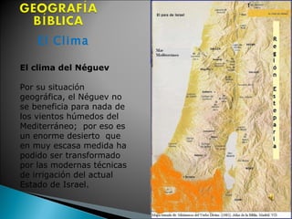 El Clima El clima del Néguev  Por su situación geográfica, el Néguev no se beneficia para nada de los vientos húmedos del Mediterráneo;  por eso es un enorme desierto  que en muy escasa medida ha podido ser transformado por las modernas técnicas de irrigación del actual Estado de Israel.  
