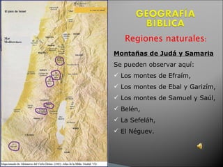 Regiones naturales :   Montañas de Judá y Samaria Se pueden observar aquí:  Los montes de Efraím,  Los montes de Ebal y Garizím,  Los montes de Samuel y Saúl,  Belén,  La Sefeláh,  El Néguev.  