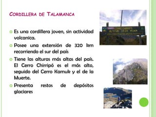 Cordillera volcánica CentralVolcanes: Platanar, Irazú, Poás, Turrialba y Barva. Pasos o depresiones: entre V. Poás y Barva: Desengaño. Entre el V. Barva e Irazú el paso de la Palma. Estos pasos son importantes porque permiten el paso de los vientos alisios al centro del país.