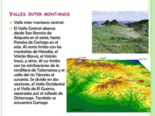Llanuras del CaribeLlanuras del PacíficoSon llanuras anchasSon más húmedas, el clima es lluvioso.Hay humedales como Caño NegroHay pantanos y lagunasProductos: banano y cacao, azucar, coco y palma, piña y frijolesMayoría de población afrocostarricenseSon más cortasClimas secos y estaciones secas largasLas más amplias son las del Diquis y del Coto Colorado.actividades.: salineras, cementeras y empacadorasDepósito Libre de Golfito es la principal actividad comercial