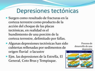 Depresiones tectónicas
 Surgen como resultado de fracturas en la
  corteza terrestre como producto de la
  acción del choque de las placas
  tectónicas, en realidad es el
  hundimiento de una porción de la
  corteza terrestre, delimitado por fallas.
 Algunas depresiones tectónicas han sido           Proceso de
                                              desarrollo de una
  cubiertas rellenadas por sedimentos de             depresión
  origen fluvial o lacustre                           tectónica

 Ejm. las depresiones de la Estrella, El
  General, Coto Brus y Tempisque.
 