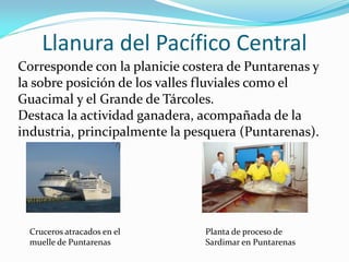 Llanura del Pacífico Central
Corresponde con la planicie costera de Puntarenas y
la sobre posición de los valles fluviales como el
Guacimal y el Grande de Tárcoles.
Destaca la actividad ganadera, acompañada de la
industria, principalmente la pesquera (Puntarenas).




 Cruceros atracados en el      Planta de proceso de
 muelle de Puntarenas          Sardimar en Puntarenas
 