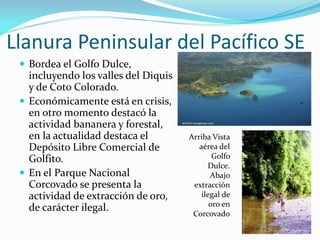 Llanura Peninsular del Pacífico SE
  Bordea el Golfo Dulce,
   incluyendo los valles del Diquis
   y de Coto Colorado.
  Económicamente está en crisis,
   en otro momento destacó la
   actividad bananera y forestal,
   en la actualidad destaca el        Arriba Vista
   Depósito Libre Comercial de           aérea del
   Golfito.                                   Golfo
                                            Dulce.
  En el Parque Nacional                     Abajo
   Corcovado se presenta la            extracción
   actividad de extracción de oro,        ilegal de
                                             oro en
   de carácter ilegal.
                                       Corcovado
 