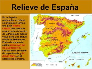 Relieve de España   En la España peninsular, el relieve se articula en torno a una gran  Meseta Central  que ocupa la mayor parte del centro de la Península Ibérica y que tiene una altitud media de 660 metros. Fuera de la meseta, está la  depresión del río Guadalquivir , situada en el suroeste de la península, y  la del río Ebro , en el noreste de la misma.  
