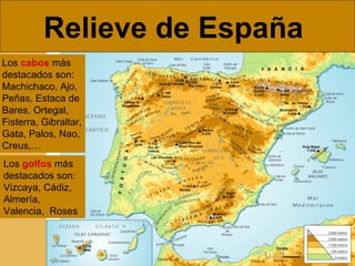 Relieve de España   Los  cabos   más destacados son: Machichaco, Ajo, Peñas, Estaca de Bares, Ortegal, Fisterra, Gibraltar, Gata, Palos, Nao, Creus,… Los  golfos   más destacados son: Vizcaya, Cádiz, Almería, Valencia,  Roses  