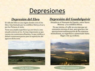 DepresionesDepresión del EbroEl valle del Ebro es una región donde corre el río Ebro. Esta limitado por la cordillera Ibérica al sur y por los Pirineos al norte.Tiene una amplia superficie (40.000 km2) y esta situado entorno al río. Es muy importante ya que cuenta con numerosos afluentes, lo que conlleva a debatir numerosos pactos para la repartición del agua en dicha zona.Depresión del GuadalquivirSituada en el Noroeste de España, entre Sierra Morena  y la cordillera bética.En sus inicios, el valle no era mas que un extensión cercana al mar, pero gracias a las aportaciones sedimentarios de los sistemas montañosos, su superficie a aumentado hasta llegar a los 35.000km2.Valle GuadalquivirValle del Ebro
