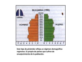 Este tipo de pirámide refleja un régimen demográfico regresivo. Es propio de países que sufren de envejecimiento de la población. 