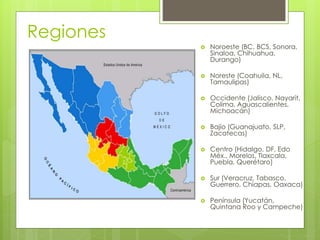 Regiones
 Noroeste (BC, BCS, Sonora,
Sinaloa, Chihuahua,
Durango)
 Noreste (Coahuila, NL,
Tamaulipas)
 Occidente (Jalisco, Nayarit,
Colima, Aguascalientes,
Michoacán)
 Bajío (Guanajuato, SLP,
Zacatecas)
 Centro (Hidalgo, DF, Edo
Méx., Morelos, Tlaxcala,
Puebla, Querétaro)
 Sur (Veracruz, Tabasco,
Guerrero, Chiapas, Oaxaca)
 Península (Yucatán,
Quintana Roo y Campeche)
 
