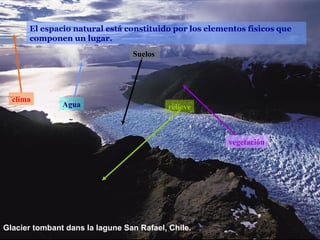 El espacio natural está constituido por los elementos físicos que
      componen un lugar.
                                 Suelos




  clima
               Agua                        relieve



                                                       vegetación




Glacier tombant dans la lagune San Rafael, Chile.
 