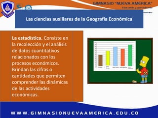 La estadística. Consiste en
la recolección y el análisis
de datos cuantitativos
relacionados con los
procesos económicos.
Brindan las cifras o
cantidades que permiten
comprender las dinámicas
de las actividades
económicas.
Las ciencias auxiliares de la Geografía Económica
 