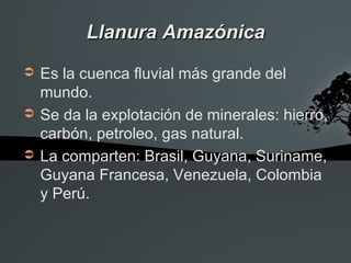 Llanura Amazónica
➲   Es la cuenca fluvial más grande del
    mundo.
➲   Se da la explotación de minerales: hierro,
    carbón, petroleo, gas natural.
➲   La comparten: Brasil, Guyana, Suriname,
    Guyana Francesa, Venezuela, Colombia
    y Perú.
 