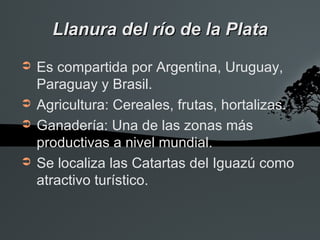 Llanura del río de la Plata
➲   Es compartida por Argentina, Uruguay,
    Paraguay y Brasil.
➲   Agricultura: Cereales, frutas, hortalizas.
➲   Ganadería: Una de las zonas más
    productivas a nivel mundial.
➲   Se localiza las Catartas del Iguazú como
    atractivo turístico.
 