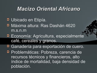 Macizo Oriental Africano
➲   Ubicado en Etipía.
➲   Máxima altura: Ras Dashán 4620
    m.s.n.m
➲   Economía: Agricultura, especialmente
    café, cereales y granos.
➲   Ganadería para exportación de cuero.
➲   Problemáticas: Pobreza, carencia de
    recursos técnicos y financieros, alto
    índice de mortalidad, baja densidad de
    población.
 