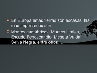 ➲   En Europa estas tierras son escasas, las
    más importantes son:
➲   Montes cantábricos, Montes Urales,
    Escudo Fenoscandio, Meseta Valdai,
    Selva Negra, entre otros….
 