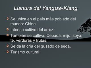 Llanura del Yangtsé-Kiang
➲   Se ubica en el país más poblado del
    mundo: China
➲   Intenso cultivo del arroz.
➲   También se cultiva. Cebada, mijo, soya,
    té, verduras y frutas.
➲   Se da la cría del gusado de seda.
➲   Turismo cultural
 