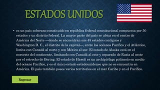 ESTADOS UNIDOS
• es un país soberano constituido en república federal constitucional compuesta por 50
estados y un distrito federal. La mayor parte del país se ubica en el centro de
América del Norte —donde se encuentran sus 48 estados contiguos y
Washington D. C., el distrito de la capital—, entre los océanos Pacífico y el Atlántico,
limita con Canadá al norte y con México al sur. El estado de Alaska está en el
noroeste del continente, limitando con Canadá al este y separado de Rusia al oeste
por el estrecho de Bering. El estado de Hawái es un archipiélago polinesio en medio
del océano Pacífico, y es el único estado estadounidense que no se encuentra en
América. El país también posee varios territorios en el mar Caribe y en el Pacífico.
Regresar
 