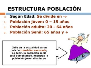 ESTRUCTURA POBLACIÓN
 Según Edad: Se divide en 
1. Población jóven: 0 – 19 años
2. Población adulta: 20 - 64 años
3. Población Senil: 65 años y +
Chile en la actualidad es un
país de transición avanzada,
es decir, la población senil
está aumentando, mientras la
población jóven disminuye
 