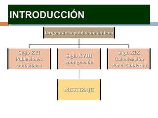 INTRODUCCIÓN
Origen de la población chilena
Siglo XVI
Poblaciones
autóctonas
Siglo XVIII
Inmigración
Siglo XIX
Colonización
Por el Gobierno
MESTIZAJE
 
